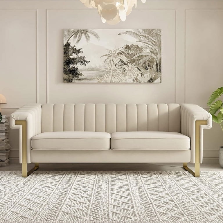 Beige Velvet Loveseat Sofa Couch, 84