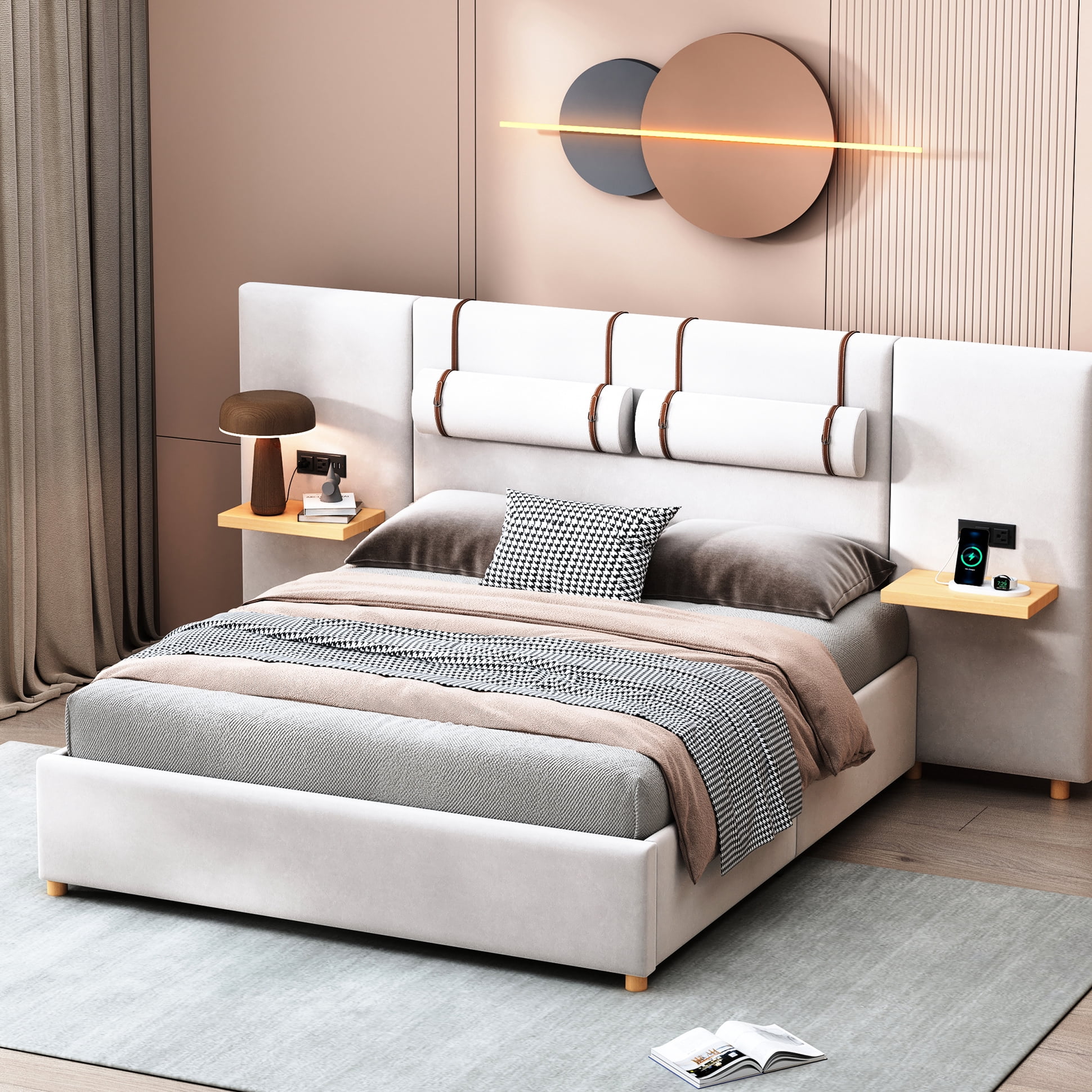 Beige Velvet Queen Bed, Two Outlets & Ports, Bedside Storage, Strong And Comfortable Build Upholstered Bed In Velvet, Ports Outlets, Side Luxury Elegant Design