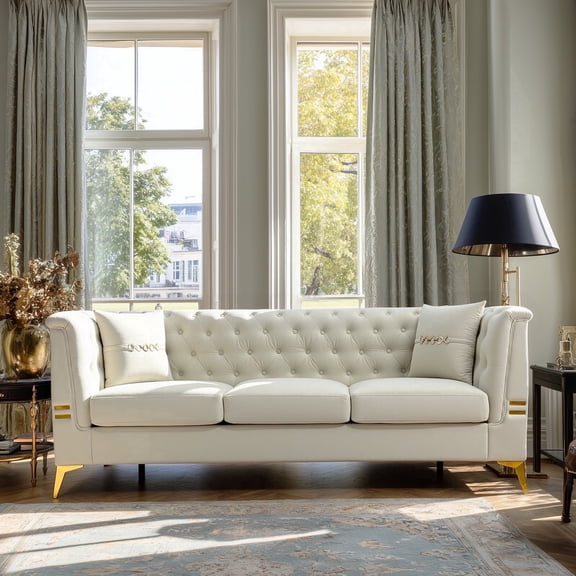 Beige Velvet Sofa Couch, 83" Modern Button-Tufted Sofa with 2 Pillows & Gold Legs, Chesterfield Sofa Couch Upholstered 3 Seater Couches, Large Sectional Couch, Deep Seat Sofa for Living Room