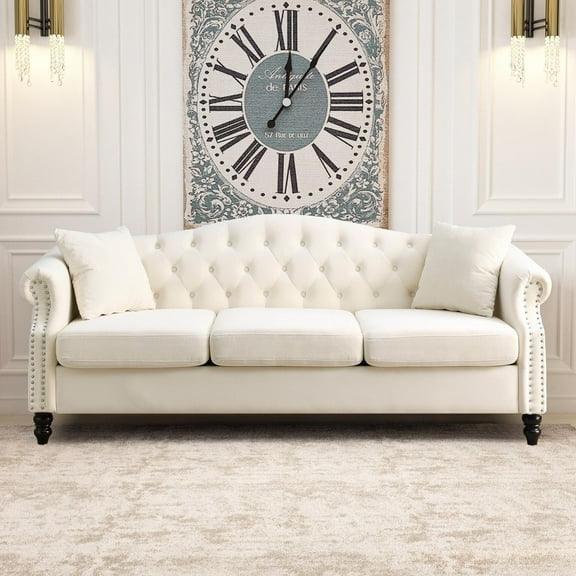 Beige Velvet Sofa, TUANLUO 79"L Couches and Sofas, Velvet Upholstered Sofa Furniture, Chesterfield Sofa with 2 Pillows and Wood Legs, Heavy Duty Sofa for Home Living Room, 79"L x 30"W x 32"H