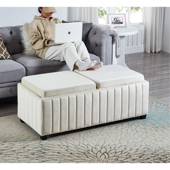 Beige Velvet Square Cube Bench With Coffee Tray, And Dependable Piece Contemporary Storage In - 45 Inch Wide Tray For Bedroom, Entryway Attractive Finish