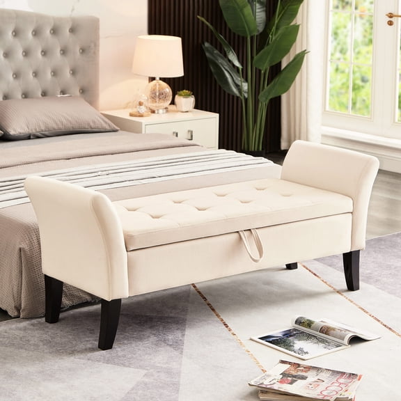 Beige Velvet Stool with Storage Space / Enhance Home Decor / Soft & Comfortable