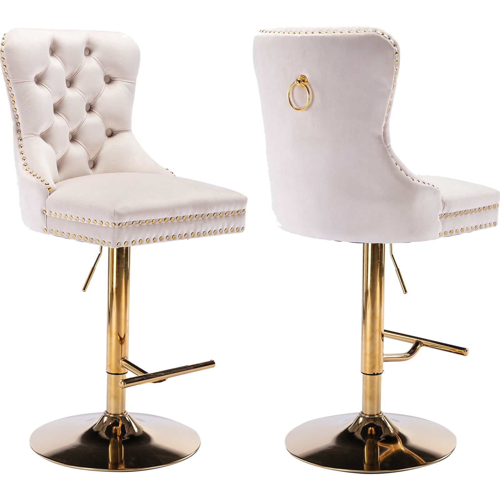 Beige Velvet Swivel Bar Stools Set of 2 with Upholstered Back, Adjustable Counter Height Barstools, Bar Chairs for Home Bar Kitchen Island Pub Restaurant (2 Pcs, Beige)