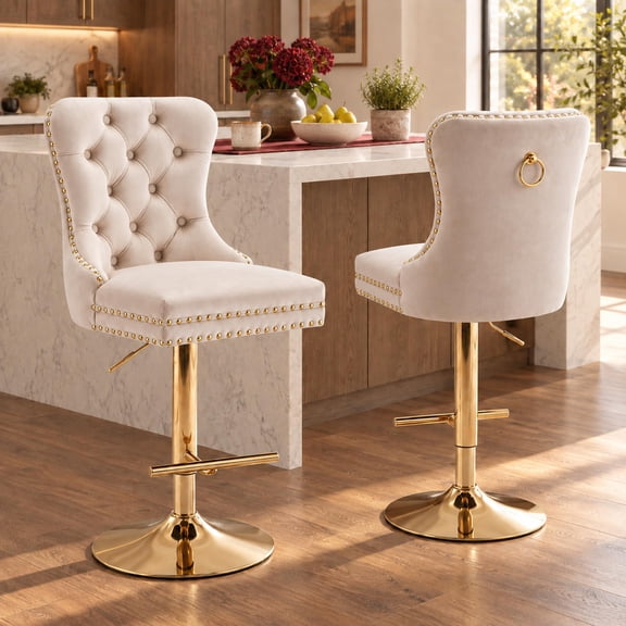 Beige Velvet Swivel Bar Stools Set of 2 with Upholstered Back, Adjustable Counter Height Barstools, Bar Chairs for Home Bar Kitchen Island Pub Restaurant (2 Pcs, Beige)