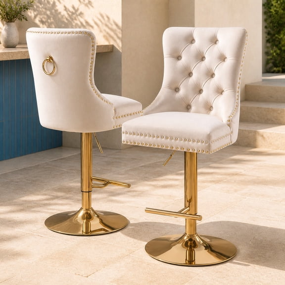 Beige Velvet Swivel Bar Stools Set of 2 with Upholstered Back, Adjustable Counter Height Barstools, Bar Chairs for Home Bar Kitchen Island Pub Restaurant (2 Pcs, Beige)