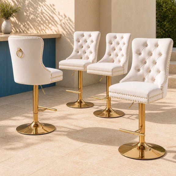 Beige Velvet Swivel Bar Stools Set of 4 with Upholstered Back, Adjustable Counter Height Barstools, Bar Chairs for Home Bar Kitchen Island Pub Restaurant (4 Pcs, Beige)