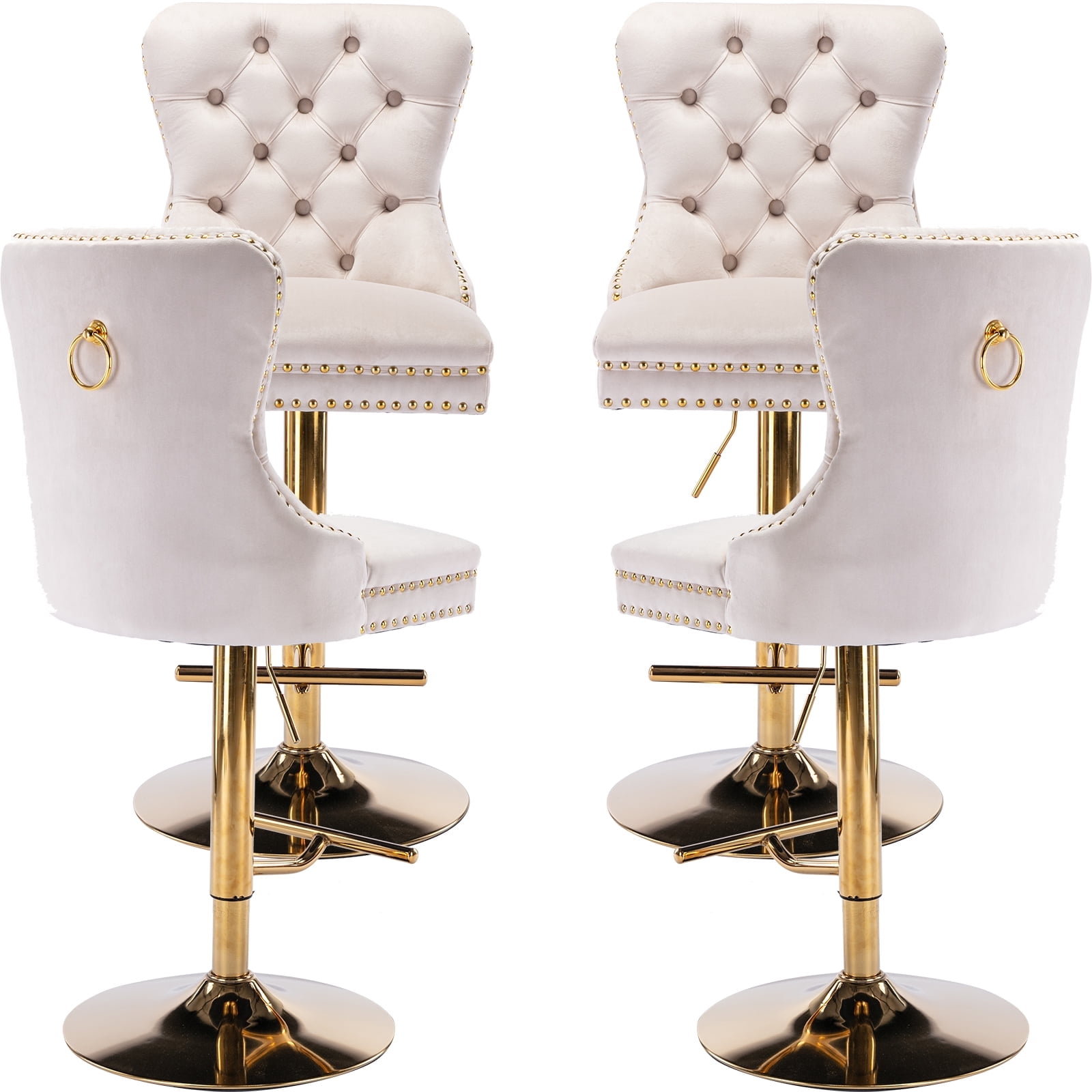 Beige Velvet Swivel Bar Stools Set of 4 with Upholstered Back, Adjustable Counter Height Barstools, Bar Chairs for Home Bar Kitchen Island Pub Restaurant (4 Pcs, Beige)