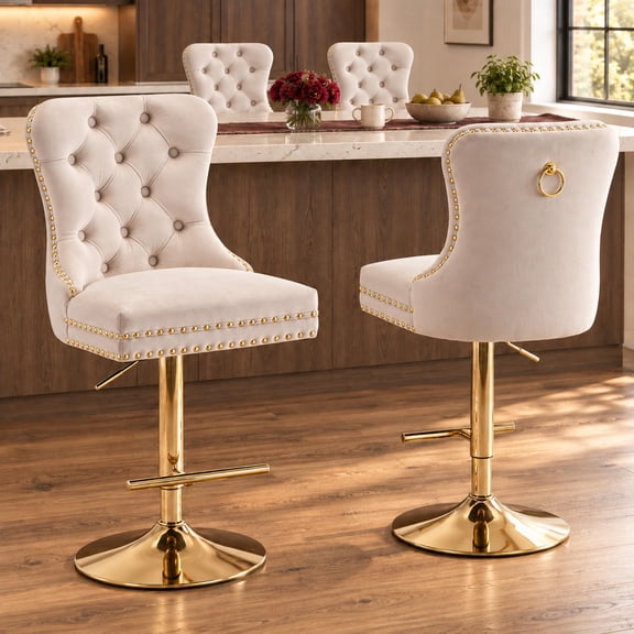 Beige Velvet Swivel Bar Stools Set of 4 with Upholstered Back, Adjustable Counter Height Barstools, Bar Chairs for Home Bar Kitchen Island Pub Restaurant (4 Pcs, Beige)
