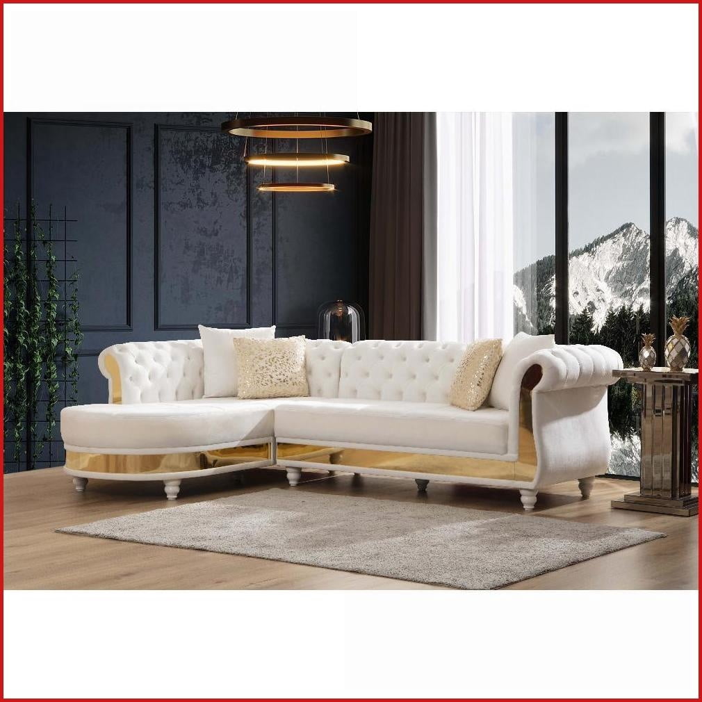 Beige Velvet Tufted L-Shaped Sectional Sofa with Gold Trim & 4 Pillows  Modern Light Luxury Living Room Furniture | Beige | Velvet | Solid Wood+MDF