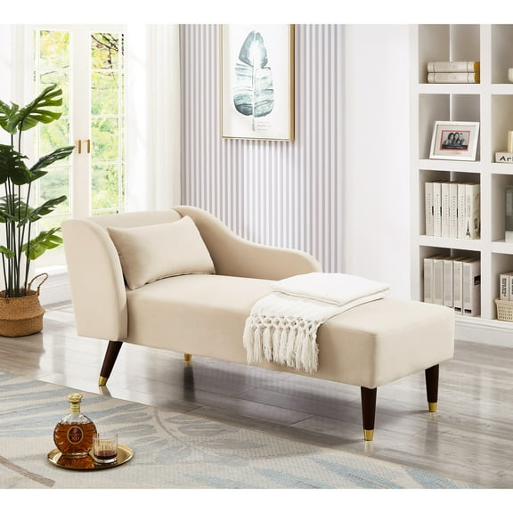 Beige Velvet Upholstered Chaise With Stable Seat And Foam Fill Lounge In Velvet, High Sponge Legs