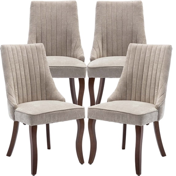 Beige Velvet Upholstered Dining Chair Set of 4 with Curved Solid Wood Legs