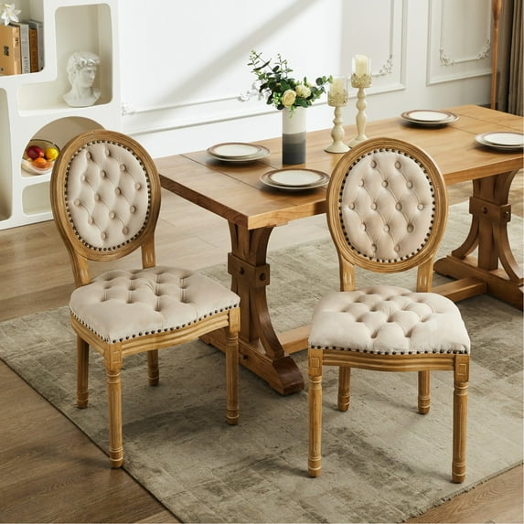 Beige Velvet Upholstered Dining Chairs, Of 2, With Hand-pulled Trim Comfortable Seating Velvet, Wood Legs
