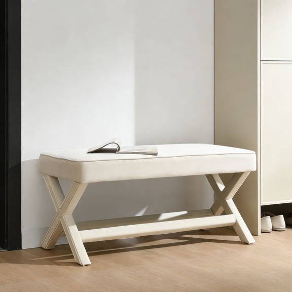 Beige Velvet Upholstered Double Bench with X-Crossed Legs & Piped Cushion