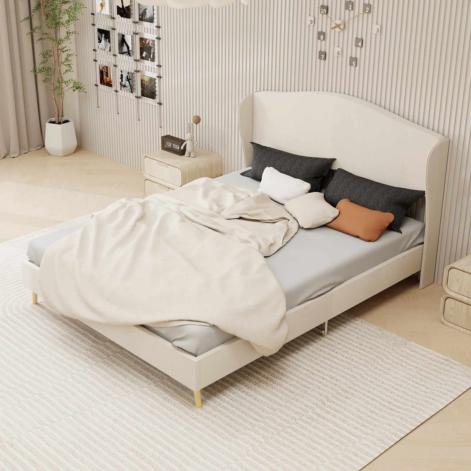 Beige Velvet Upholstered Queen Bed Frame - Casual Bedroom Design with Tufted Headboard