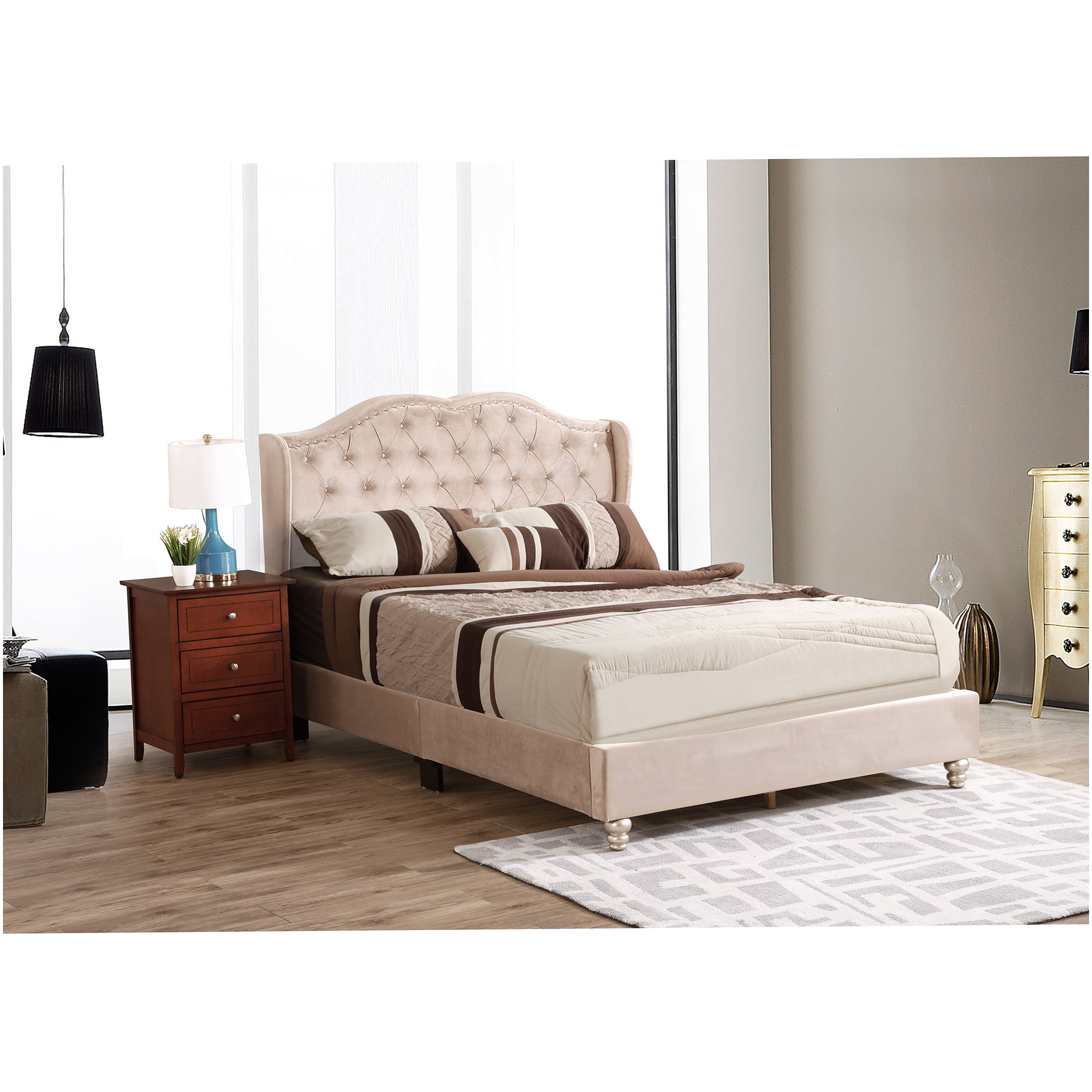 Beige Velvet Upholstered Queen Size Bed Frame with Platform Base and Tufted Headboard, No Box Spring Needed, Easy Assembly Modern Bedroom Furniture