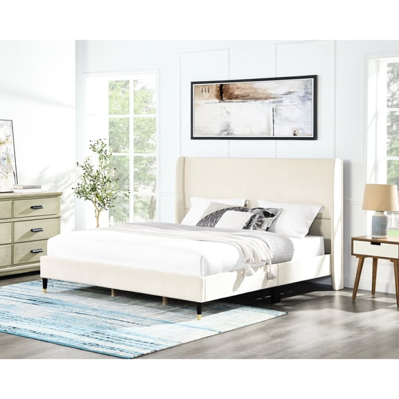 Beige Velvet Wingback Platform King Bed - Easy Installation With Slats Cone-like Legs Add Chic Touch