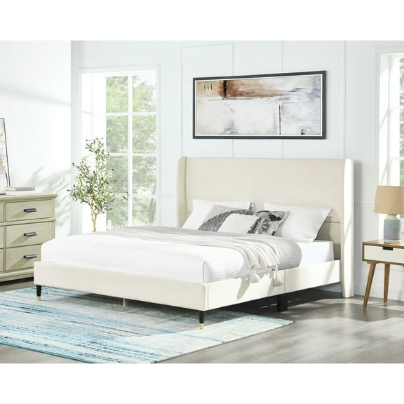 Beige Velvet Wingback Queen Bed, Supportive Slats Bed For Queen, Luxurious Experience