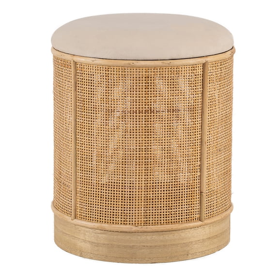 Beige Velvet and Rattan Pouf Exotic Boho Living Room
