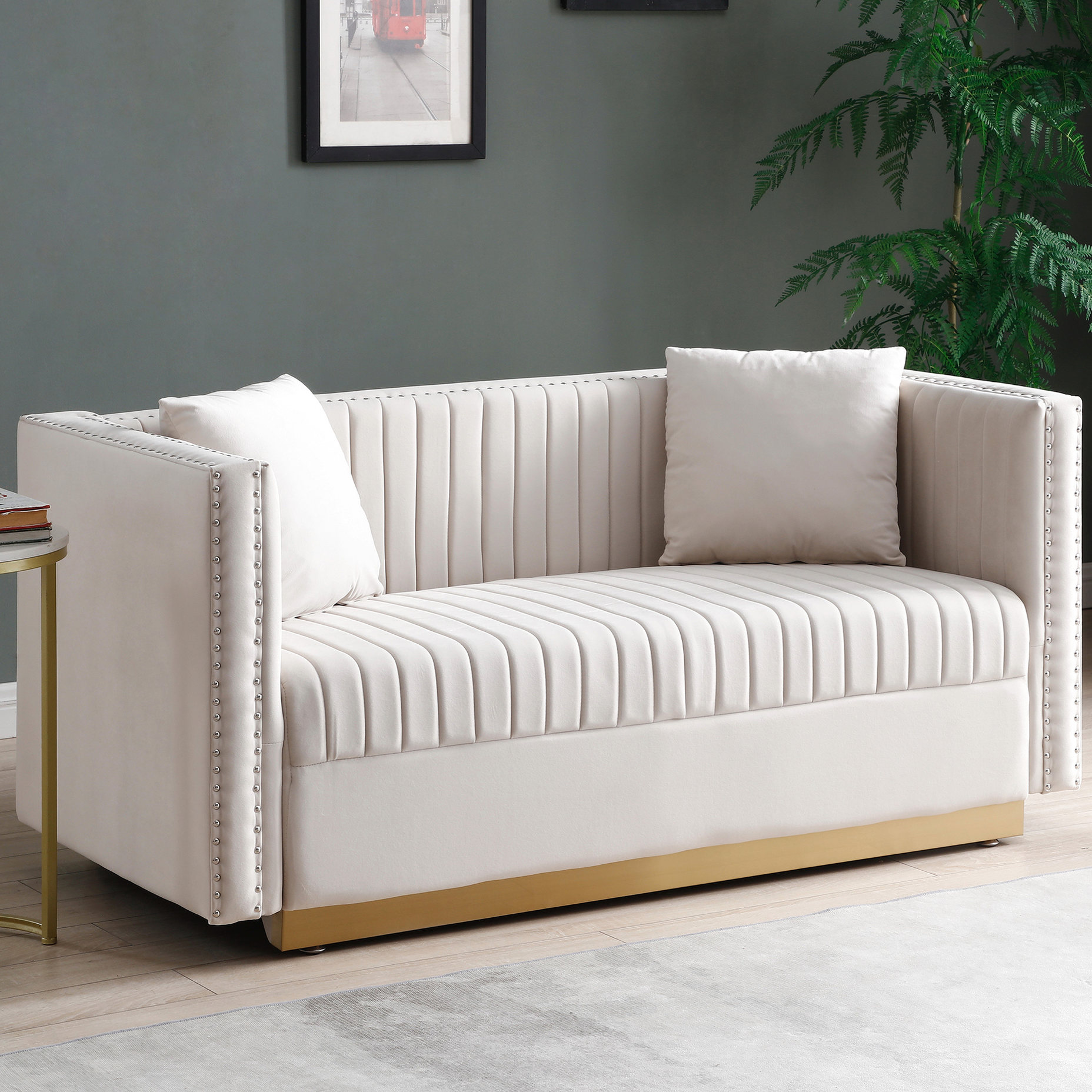 Vevlet Ribble Couch Beige Vertical Channel Tufted Velvet Couch for Mid Century Modern Homes ...