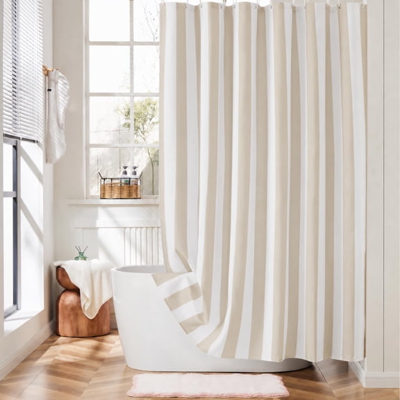 Beige Vertical Striped 72x72 Inch Waterproof Polyester Fabric Shower Curtain