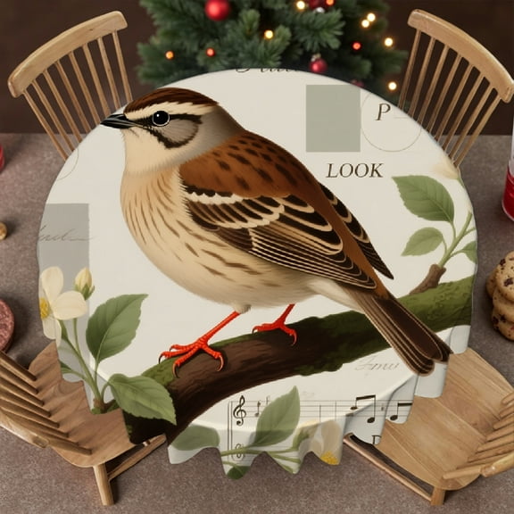Beige Vintage Bird tablecloth round,  Holiday-Themed Design - Kitchen Accessories Tablecloth for dining table, Cafe, dinner, brunch, buffet, picnic