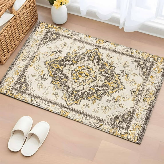 Beige Vintage Boho Bathroom Rug Washable 2x3 Entryway Rug Non Slip Ethnic Tribal Geometric Abstract Front Door Mat Low Pile Indoor Doormat Throw Floor Carpet for Kitchen Bedroom Entrance