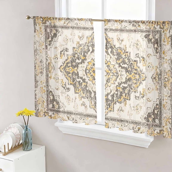 Beige Vintage Boho Semi Sheer Curtains 54 Inch Length 2 Panels Set, Ethnic Tribal Geometric Abstract Sheer Kitchen Curtain Privacy Voile Window Curtain for Living Room Bedroom Rod Pocket Drapes