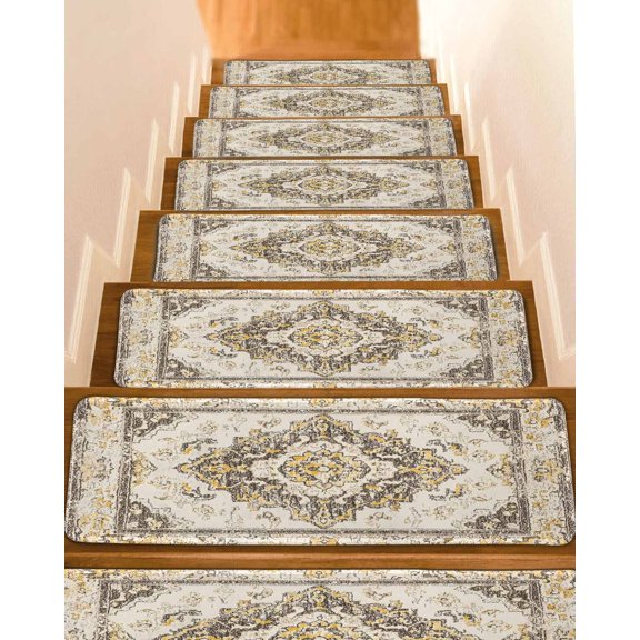 Beige Vintage Boho Stair Treads for Wooden Steps Indoor Runner Rug Carpet, Ethnic Tribal Geometric Abstract 4 Pieces Peel and Stick Staircase Step Treads Covers Washable Throw Door Mats, 30"x8"