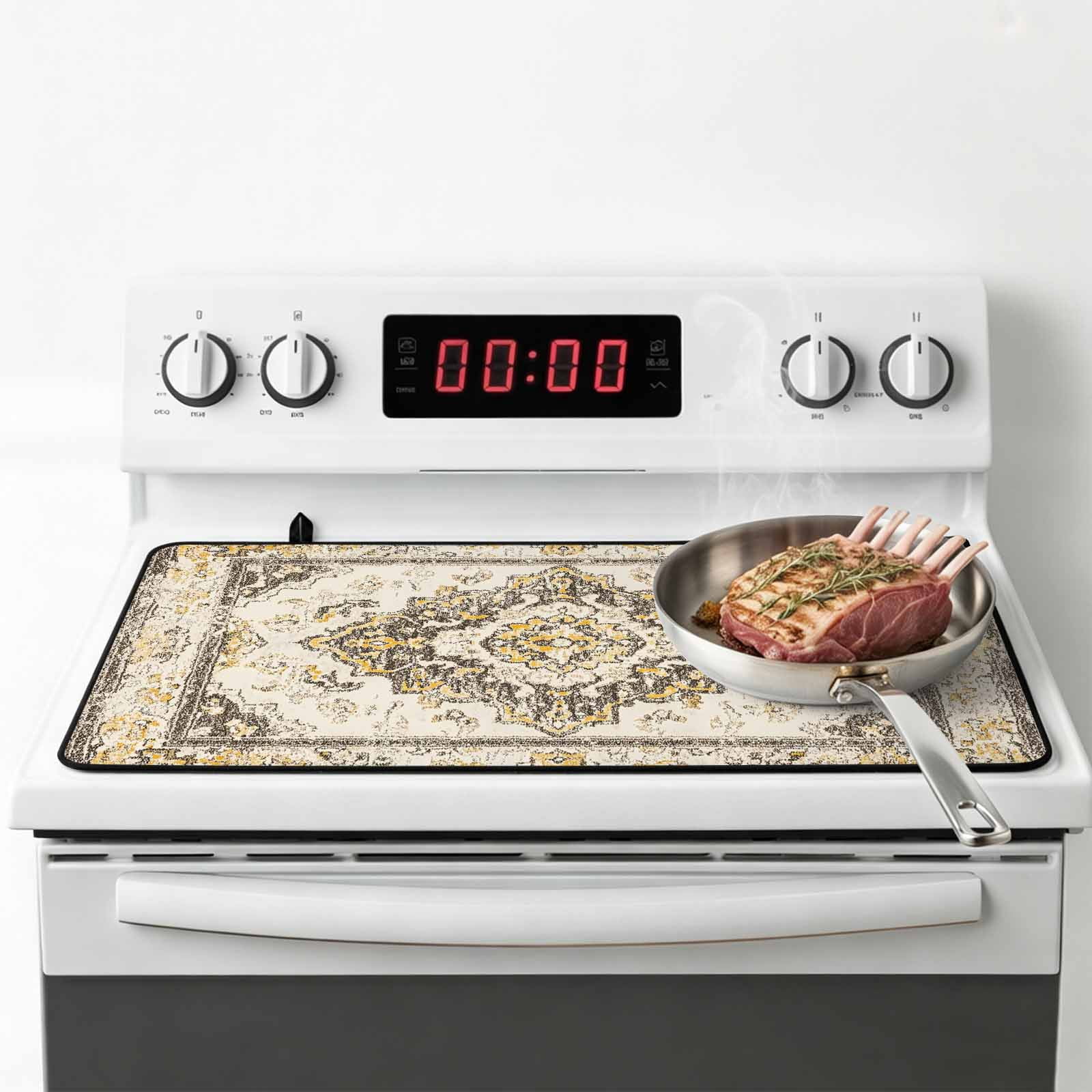 Beige Vintage Boho Stove Top Cover for Electric Stove, Heat-proof & Non Slip Glass Top Stove Cover Protector, Ethnic Tribal Geometric Abstract Kitchen Flat Cooktop Rubber Mat 24x21 Inches