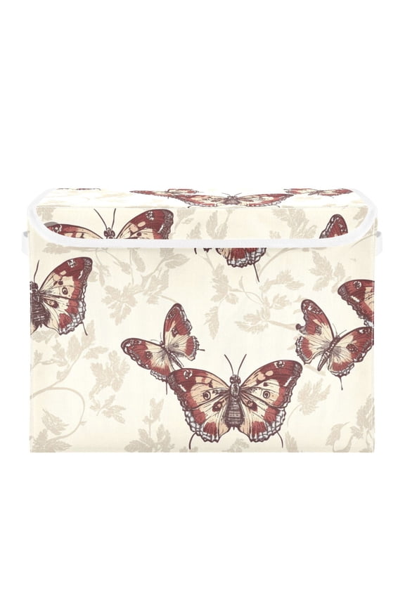 Beige Vintage Butterfly Large Storage Bins with Linen Collapsible Lid Storage Box 16.7 x 12.6 x 11.8in