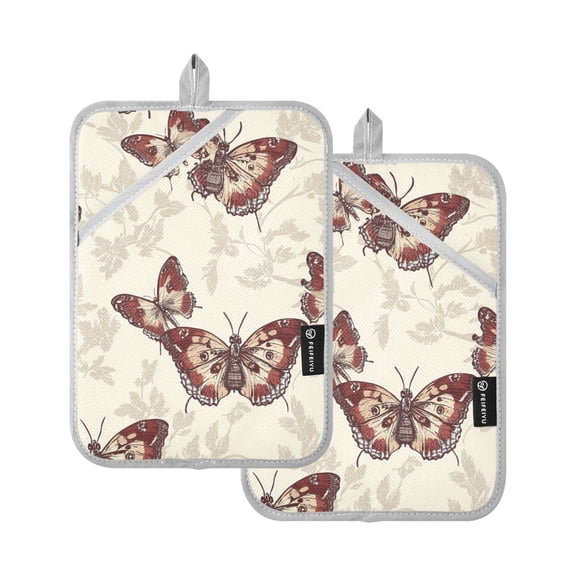 Beige Vintage Butterfly Oven Mitts Pot Holders 2 pcs Heat Resistant for Kitchen Baking Grilling