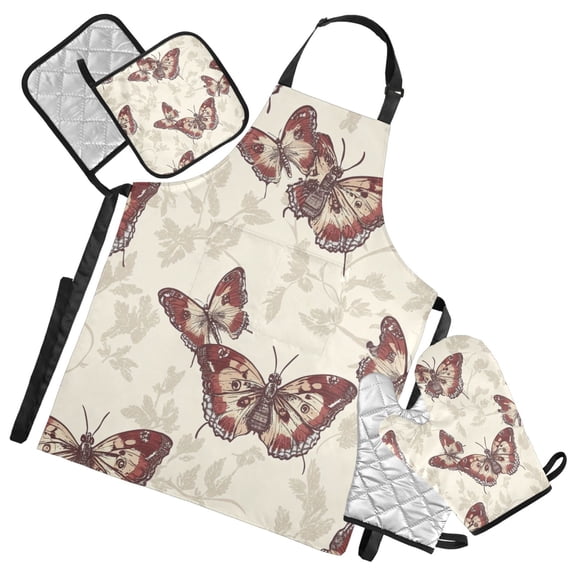 Beige Vintage Butterfly Oven Mitts and Pot Holders with Chef Apron Set 5 Pcs Kitchen Cooking Set