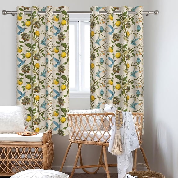 Beige Vintage Floral Curtains 84 Inch Long Luxury Whimsical Euro Flower Lemon Hummingbird Patterned Colorful Blackout Drapes for Living Room,52x96 Inch