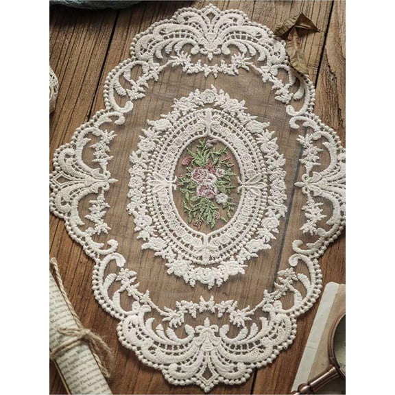 Beige Vintage Handmade Crochet Lace Table Mat, Hollow Floral Design Home Decor For Living Room Coffee Table