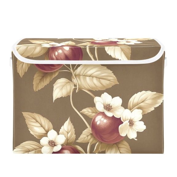 Beige Vintage Pomegranate Large Storage Bins with Linen Collapsible Lid Storage Box 16.7 x 12.6 x 11.8in