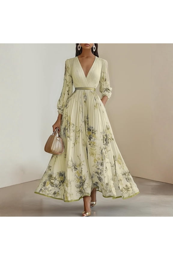 Beige Vneck Dresses for Women Summer Fall Long Sleeve Print Slimming Tunics Formal Date Night Gowns Evening Lounge Dresses Homecoming Dress Womens 2026 S