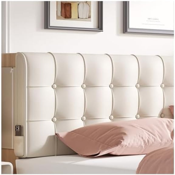 Beige Wall Mount Headboard Cushion Head Boards for California King Size Bed Upholstered Peel and Stick Headboard Vintage Linen Tufted Backrest Washable Zipper Pocket No Tools Boho Bedroom Panel