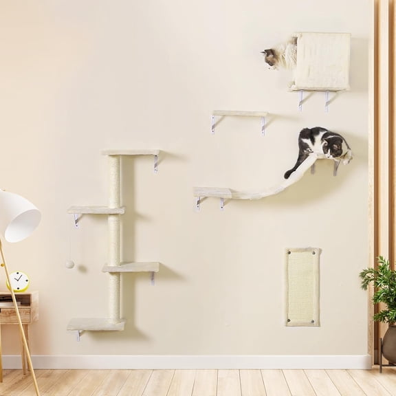 Beige Wall-Mounted Cat Climber Tree with Shelves, Scratcher and Bridge