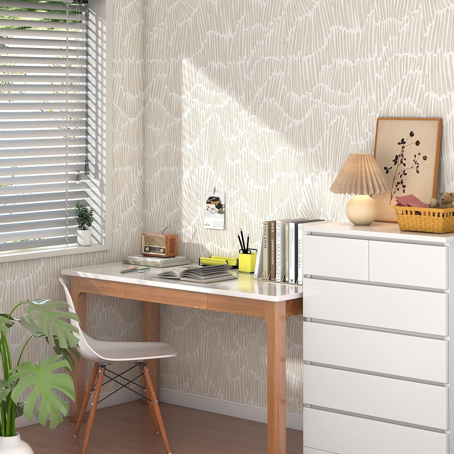 Beige Wallpaper 17.3"×393" Modern Striped Wallpapers Peel and Stick Wallpaper Vinyl Removable Self Adhesive Wallpaper for Bedroom Waterproof Wall Paper White and Gold Contact Paper