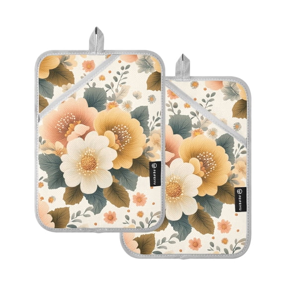 Beige Warm Flowers Oven Mitts Pot Holders 2 pcs Heat Resistant for Kitchen Baking Grilling