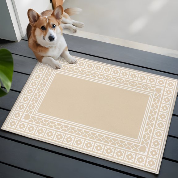 Beige Washable Entry Rug 2x3 Boho Diamond Pattern Border Rustic Southwestern Low-Profile Area Rugs with Non Slip Backing Indoor Floor Carpet for Entrance Living Room Bedroom Home Office