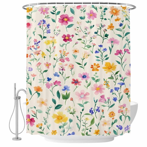 Beige Watercolor Floral Shower Curtain Set - Small 36" x 72" Washable Bathtub Curtain with 12 Hooks, Spring Summer Botanical Waterproof Fabric Stall Shower Curtains for Bathroom/Bathtub Décor