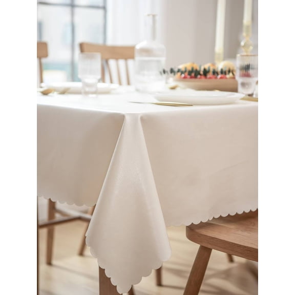 Beige Waterproof And Oilproof TPU Coated Tablecloth With Scallop Edge For Dining Table