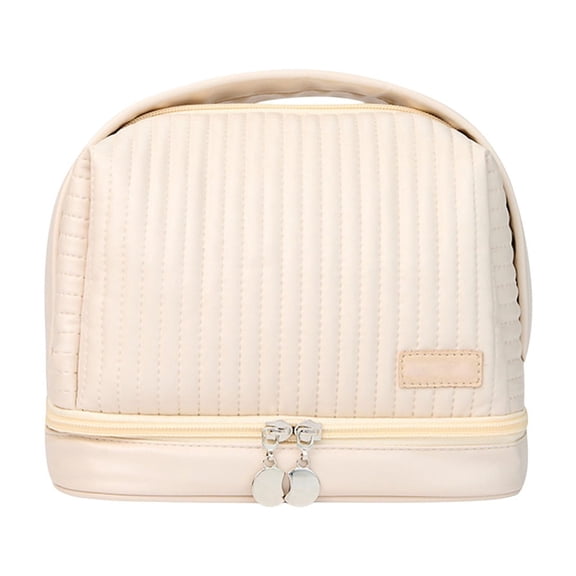 Beige Waterproof Cake Makeup Bag Travel Toiletry Organizer With Wet And Dry Compartments For Cosmetics Brushes Pu Leather Large Capacity Portable Handle For Women Girls On The Go Storage