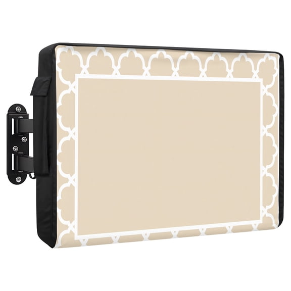 Beige Waterproof Outdoor TV Cover, Geometric Morocco Printed Border Modern Rustic Ivory Outside Weatherproof TV Enclosures for 80 to 85 Inch LCD Television Shield Flat Screen Protectors