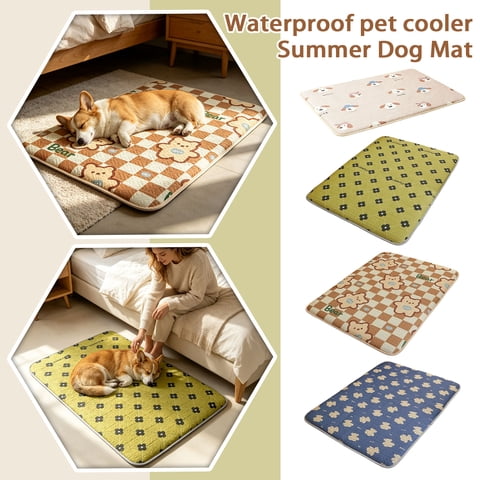 Beige Waterproof Summer Dog Mat, Semi-Gloss Polyester Plaid Bear Cooling Pad, Washable Non-Slip Pet Crate Bed Mat for Indoor Floors, Pet Sleeping Pad for Medium and Large Dogs