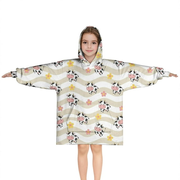 Beige Wave Cow Flower Pattern Blanket Hoodies for Kids 6-13YR Oversize Wearable Blanket Hoodies for Boys Girls Teens