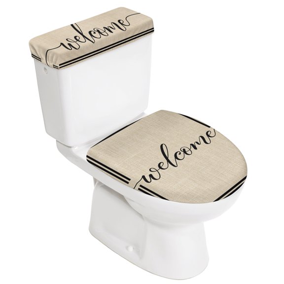 Beige Welcome Elastic Toilet Lid and Tank Covers Set, Modern Minimalist Black Striped Border Decorative Bathroom Decor, 2 Pcs Toilet Lid Cover and Toilet Tank Lid Cover with Elastic Bottom