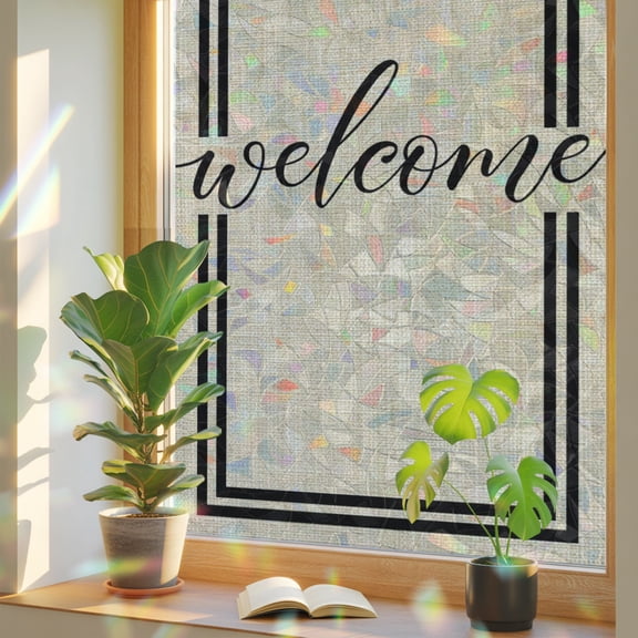 Beige Welcome Window Privacy Film Rainbow Static Cling Stain Glass Window Film for Glass Door, Decorative UV Blocking Sunroof Decal Sticker for Car 29.5"x118" Modern Minimalist Black Striped Border