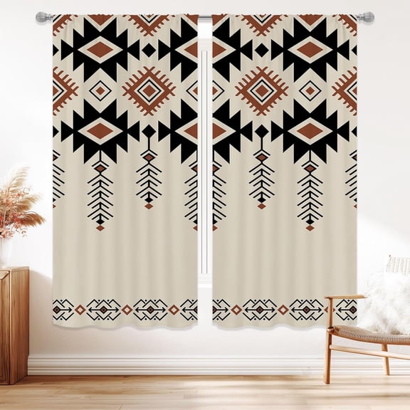 Beige Western Aztec Curtains 42Wx63H Inch Rod Pocket Abstract Tribal Ethnic Boho Geometric Art Printed Simple Women Neutral Kitchen Dining Living Room Bedroom Window Drapes Treatment 2 Panels